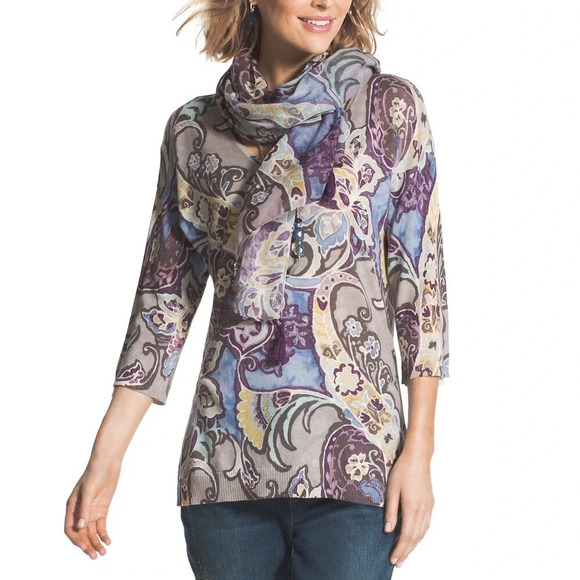 Chico’s Stamped Paisley v neck tunic Sweater size XLarge (3) - Picture 1 of 7